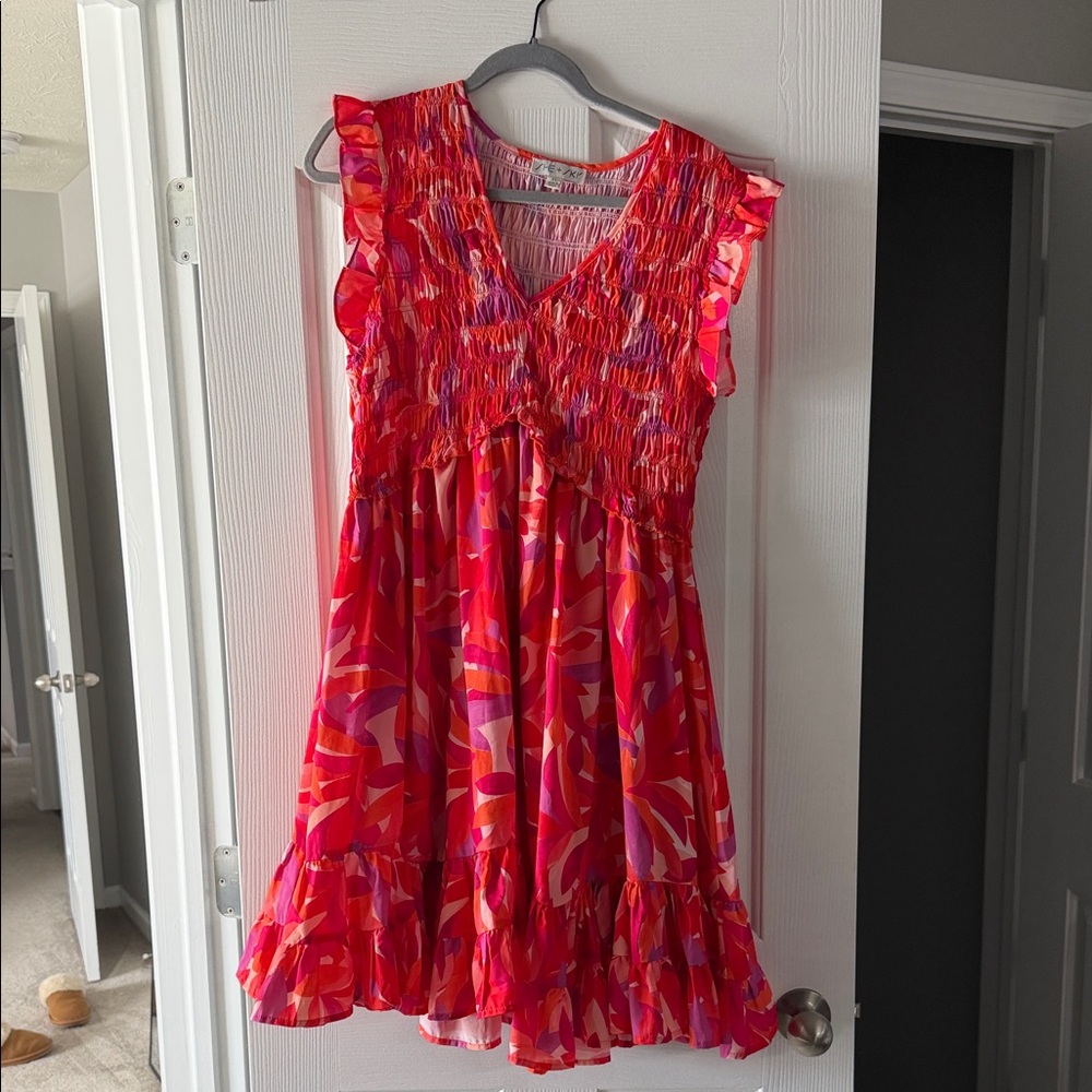 She + Sky Pink and Red Ruffle DRESS